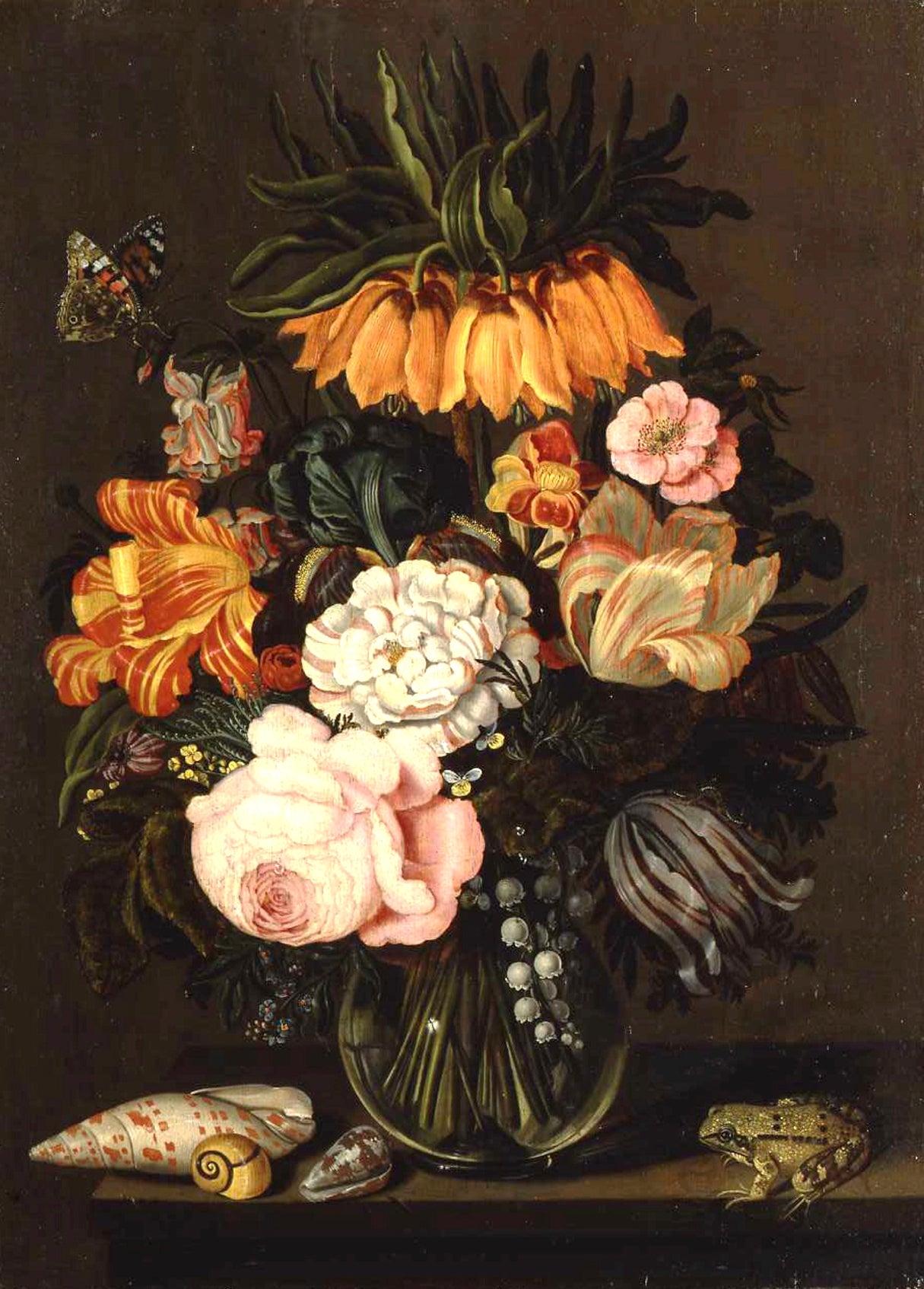Still life with flowers, shells and a frog, vintage artwork by Bartholomeus Assteyn, 12x8" (A4) Poster