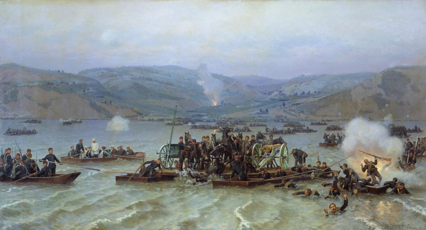The Russian Army Crossing the Danube, vintage artwork by Nikolai Dmitriev-Orenburgsky, 12x8" (A4) Poster
