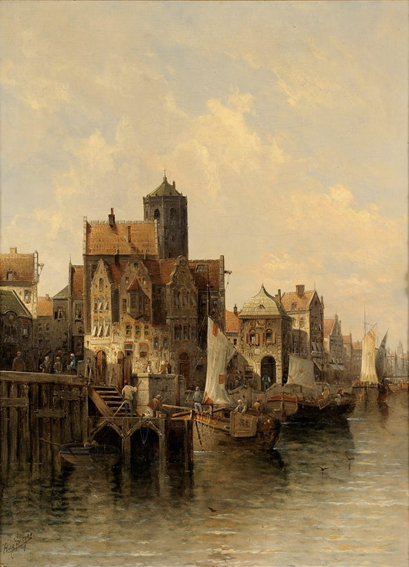 Medieval port town, vintage artwork by August von Siegen, 12x8" (A4) Poster