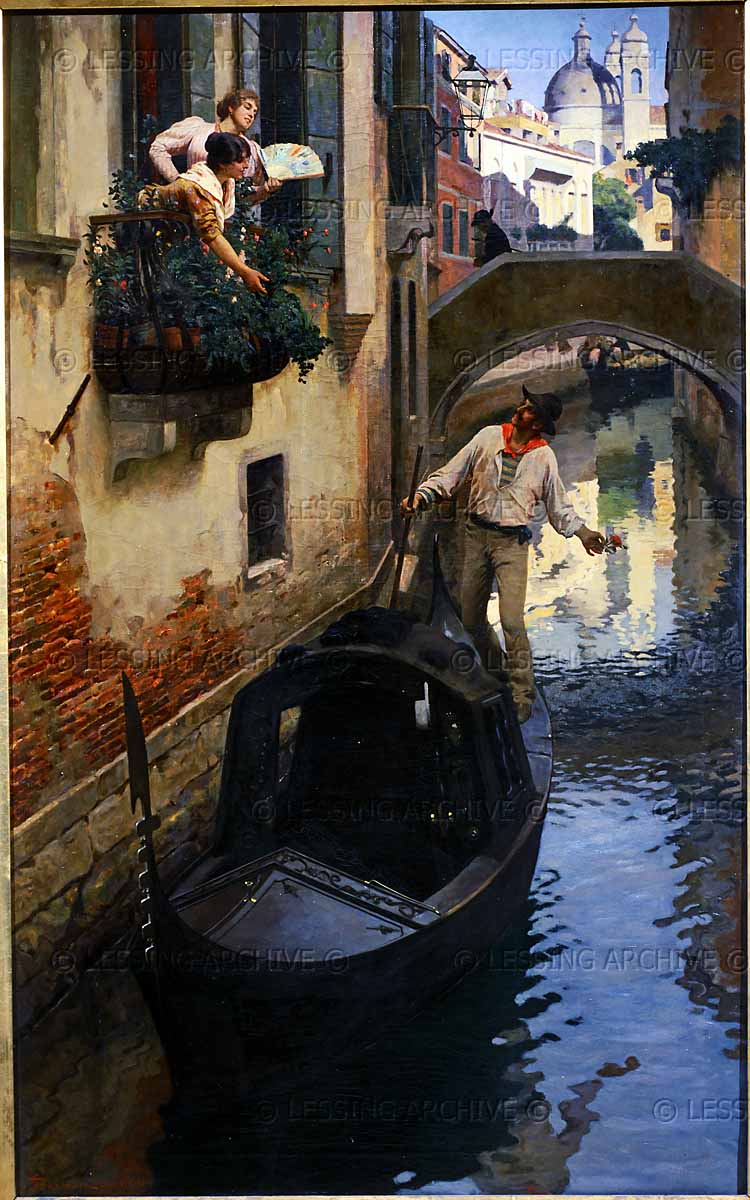 Barcarola - The Boatman on a Canal, Venice, Italy, vintage artwork by Giuseppe Barison, 12x8" (A4) Poster