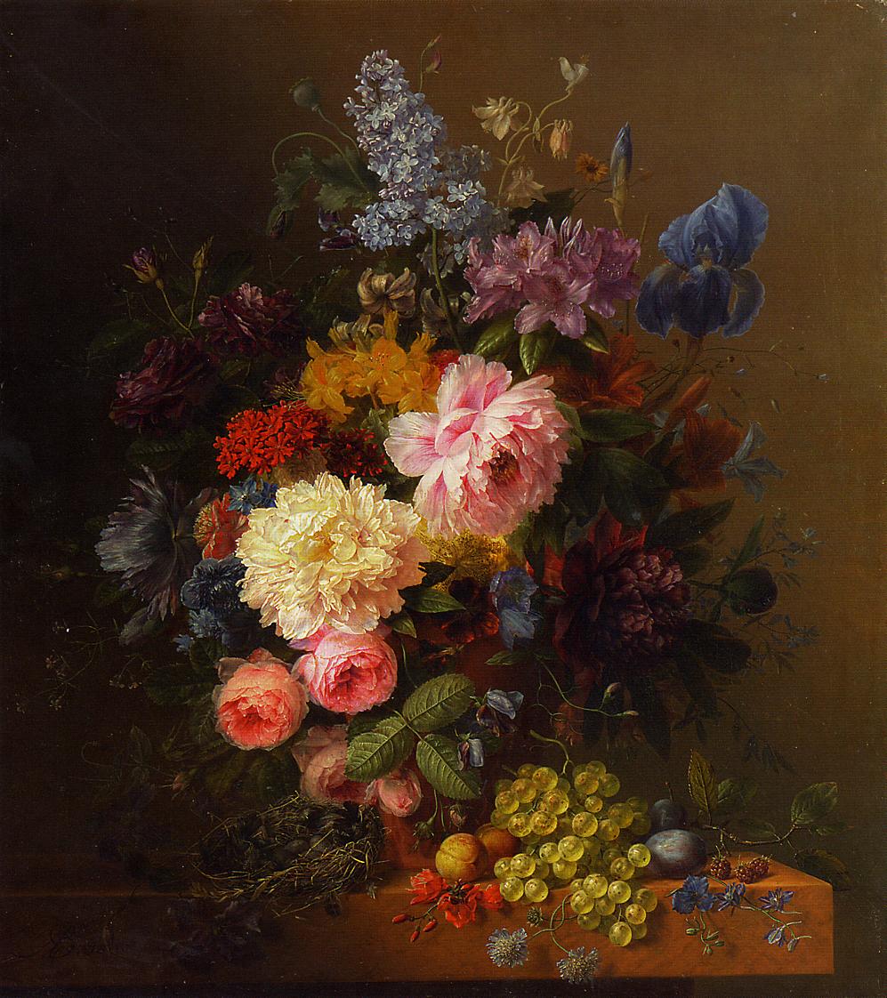 Peonies, Roses, Irises, Lilies, Lilac and Other Flowers in a Vase on a Ledge Laden with Fruit, vintage artwork by Arnoldus Bloemers, A3 (16x12") Poster Print