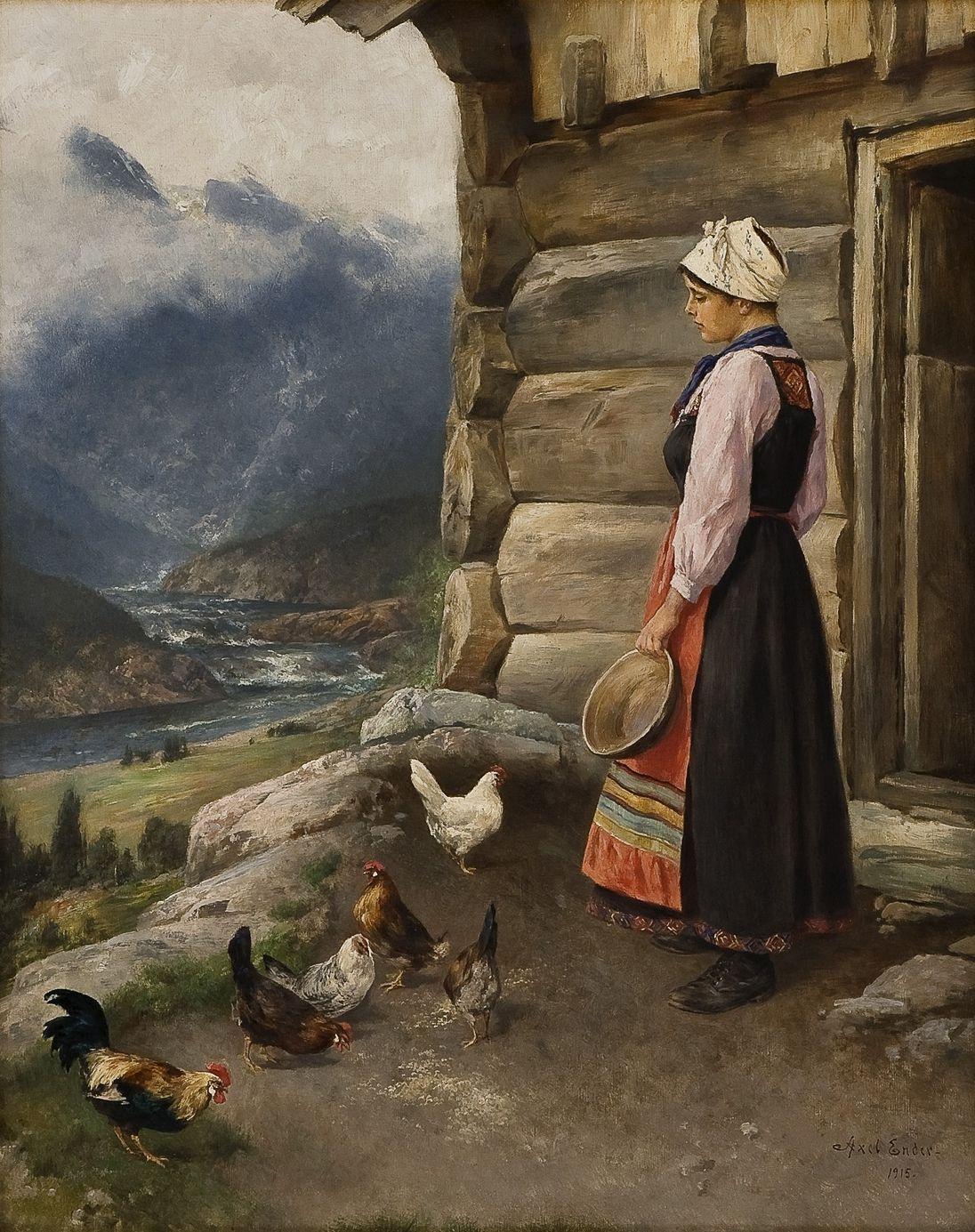 Milkmaid with hens and a cock, vintage artwork by Axel Hjalmar Ender, 12x8" (A4) Poster