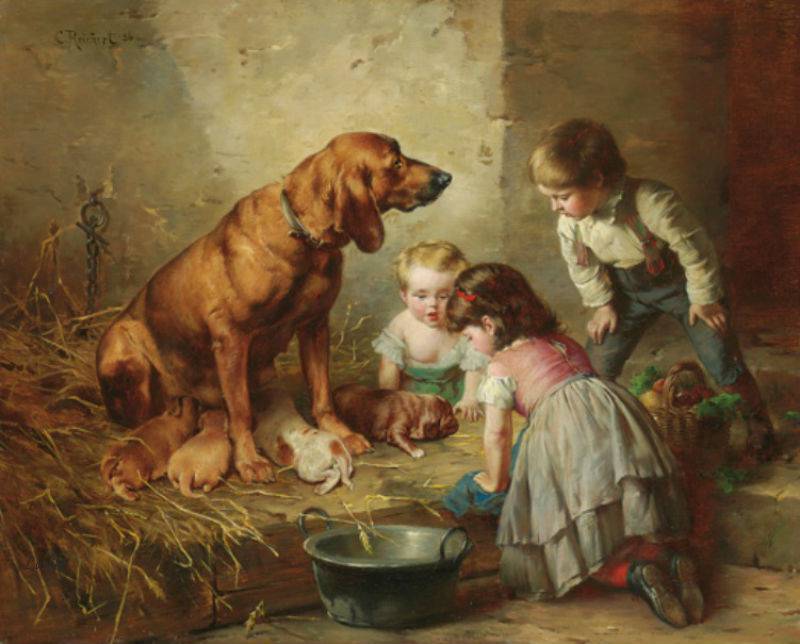 Seeing after the pups, vintage artwork by Carl Reichert, 12x8" (A4) Poster