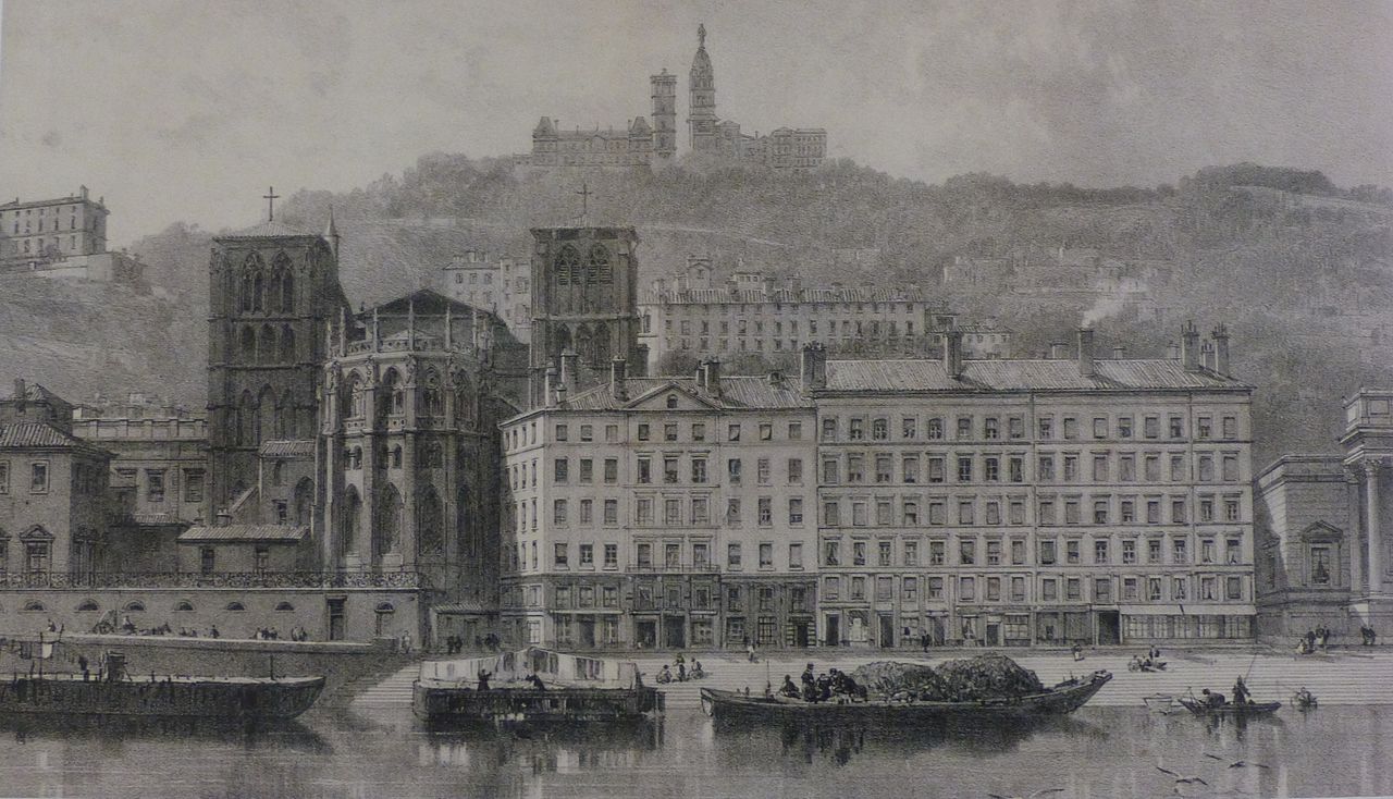 St. John Lyon Wharf and Harbor Seen from the Left Bank of the Saône, vintage artwork by Jacques Barthelemy Appian, A3 (16x12") Poster Print