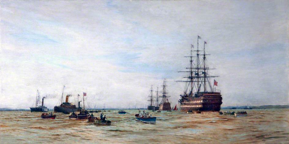 First Boat Race on the Mersey between the Cadets of HMS 'Conway' and HMS 'Worcester', 11 June 1891, vintage artwork by Charles William Wyllie, 12x8" (A4) Poster