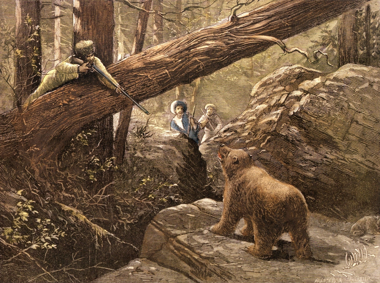 A Bear Hunt in the Rocky Mountains, vintage artwork by Jules Tavernier, 12x8" (A4) Poster