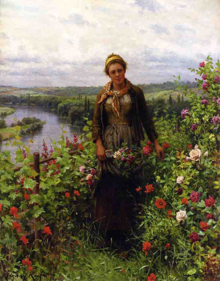 A Maid in Her Garden, vintage artwork by Daniel Ridgway Knight, 12x8" (A4) Poster