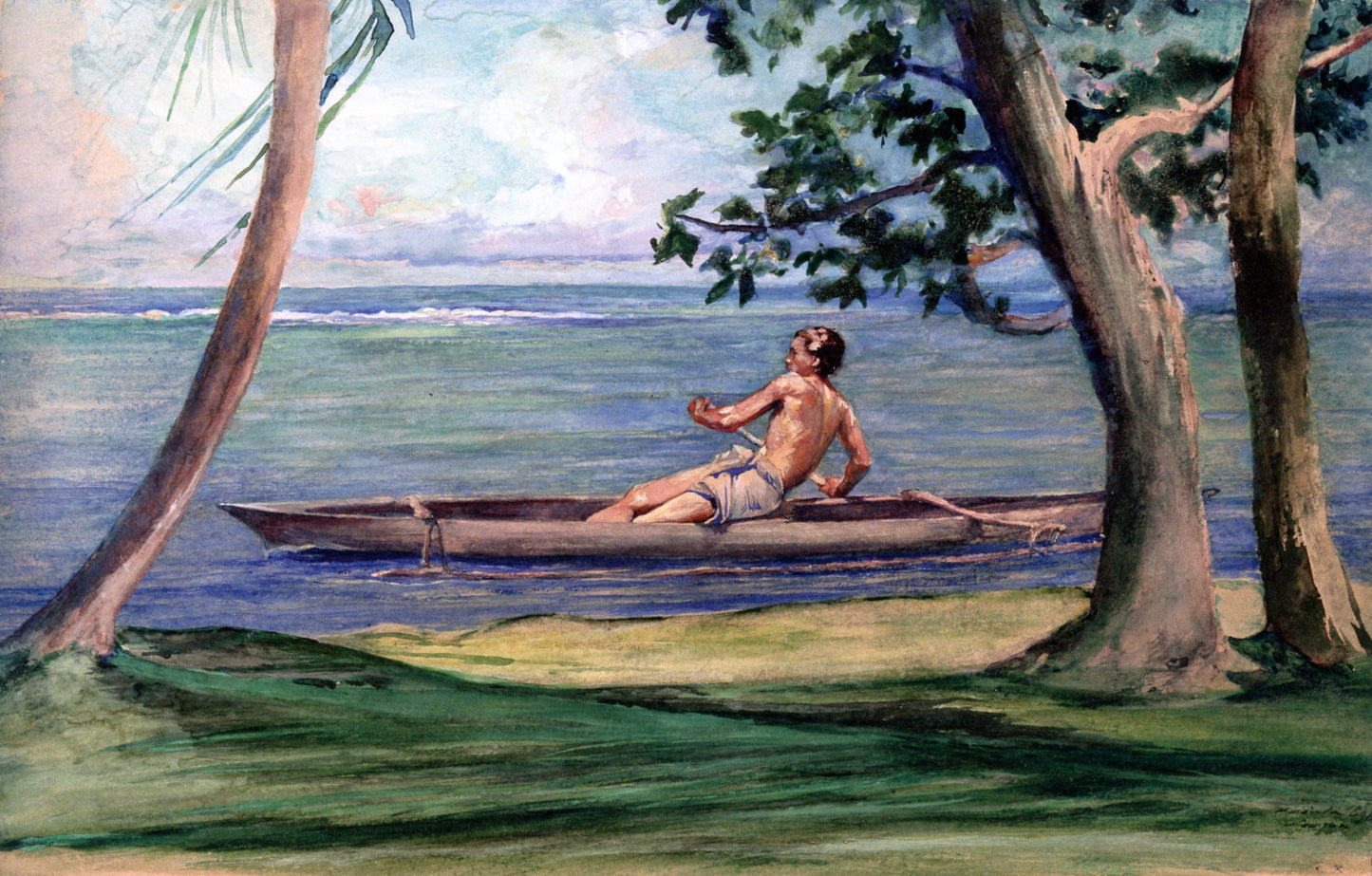 Boy in Canoe Passing in Front of Our House, Vaiala, Samoa, vintage artwork by John La Farge, 12x8" (A4) Poster