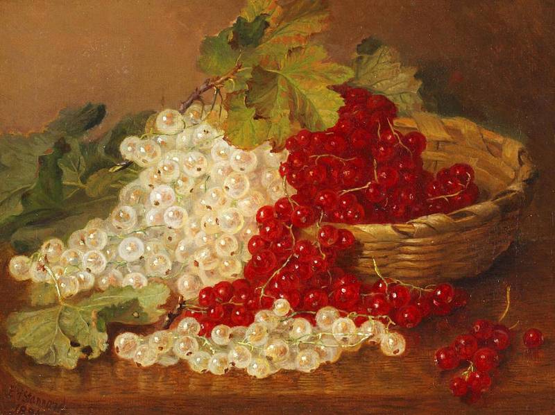 Still life red and white currants with a wicker basket, vintage artwork by Eloise Harriet Stannard, 12x8" (A4) Poster