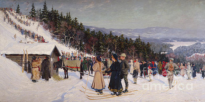 Ski Races in Fjelkenbakken, vintage artwork by Gustav Wentzel, 12x8" (A4) Poster