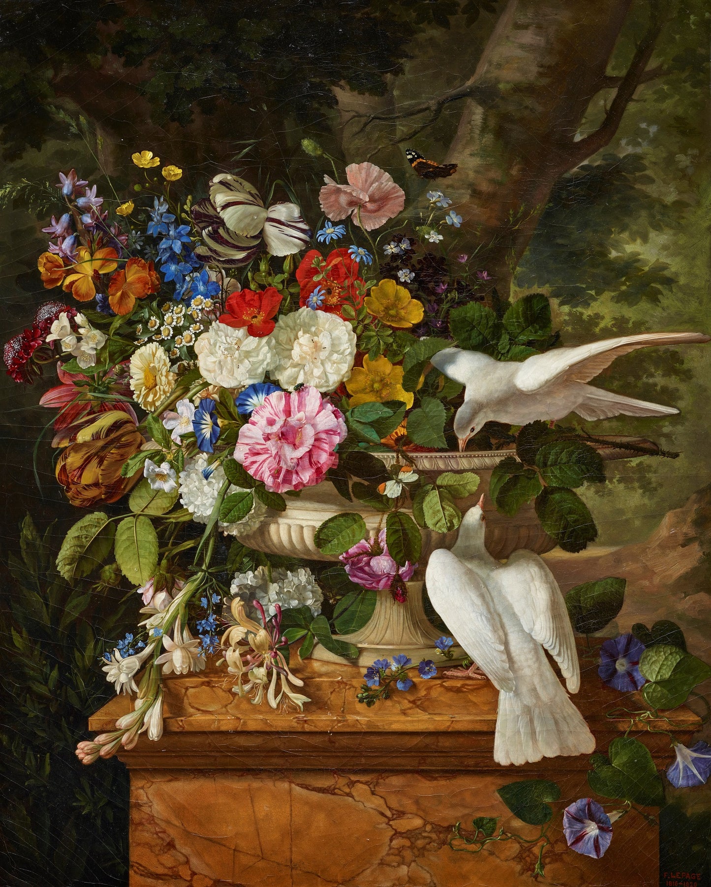 Flowers in a Vase with Two Doves, vintage artwork by Francois Lepage, A3 (16x12") Poster Print
