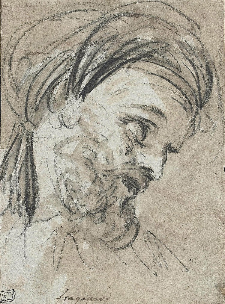 Head of a Bearded Man, Wearing a Turban, vintage artwork by Jean-Honore Fragonard, 12x8" (A4) Poster
