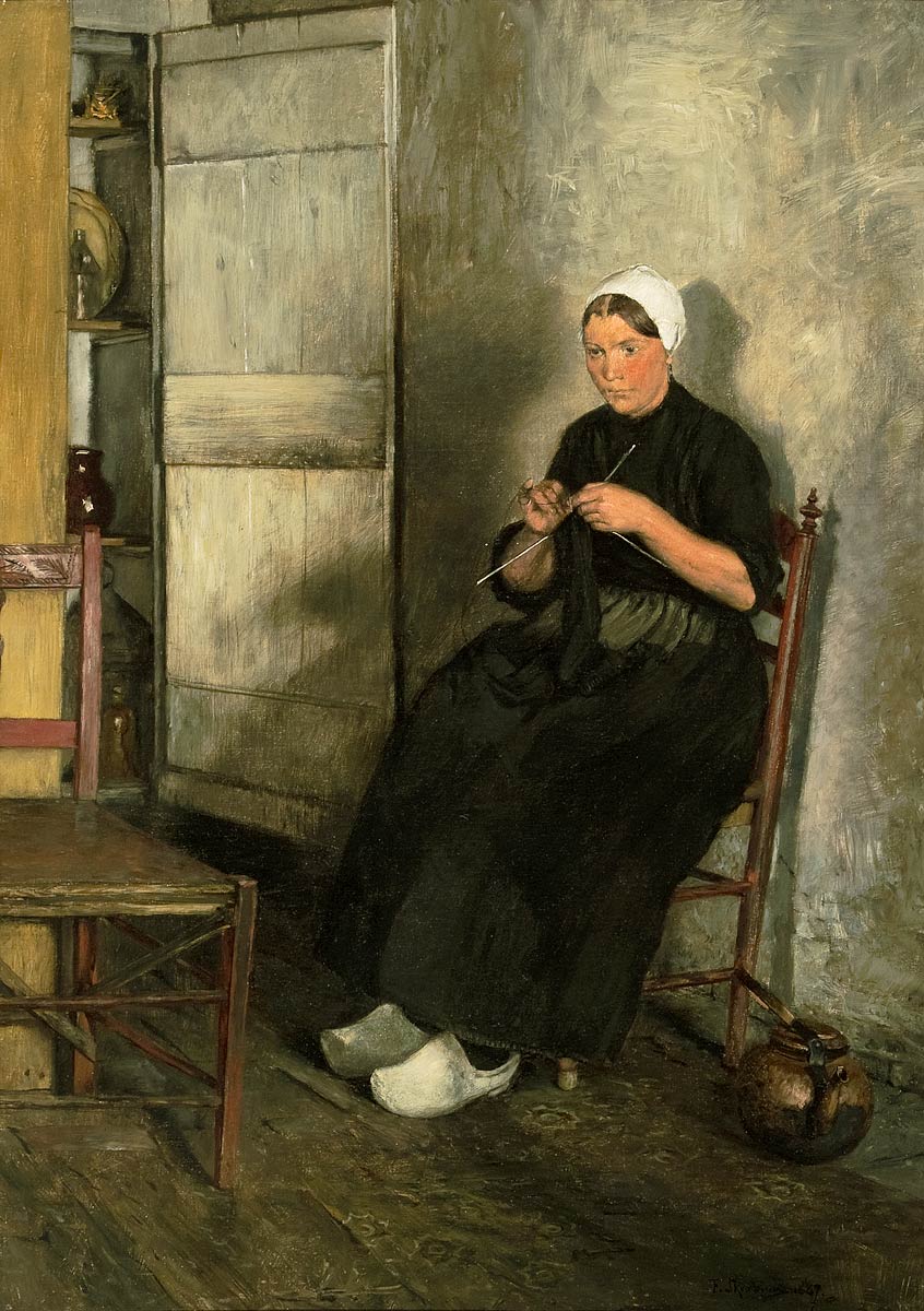 Dutch fisherman's wife knitting, vintage artwork by Franz Skarbina, 12x8" (A4) Poster