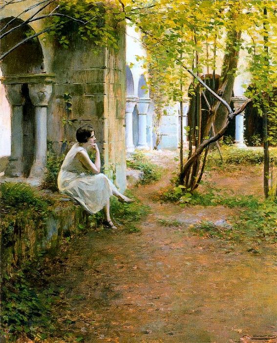 Julia en el claustro del Monasterio de Sant Benet, vintage artwork by Ramon Casas y Carbó, 12x8" (A4) Poster