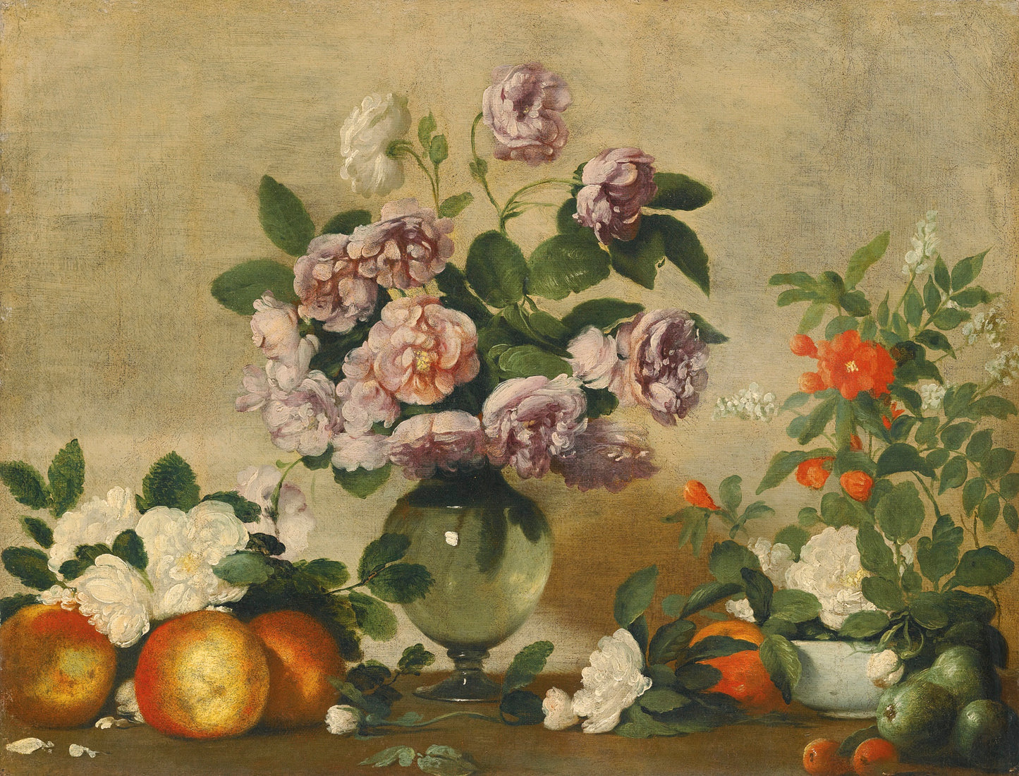 Still Life with Peonies and Peaches, vintage artwork by Bernardo Strozzi, 12x8" (A4) Poster