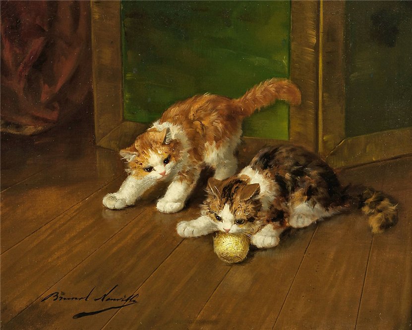 nde junge katzen mit wollknauel by Alfred Brunel de Neuville,A3(16x12")Poster