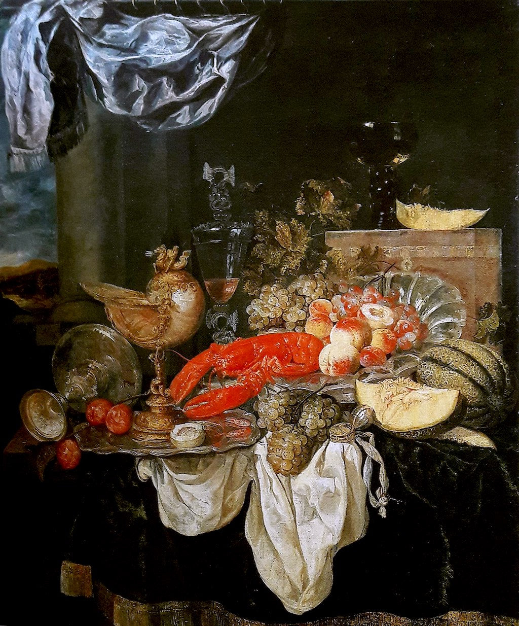 Large still life with lobster, vintage artwork by Abraham van Beyeren, 12x8" (A4) Poster