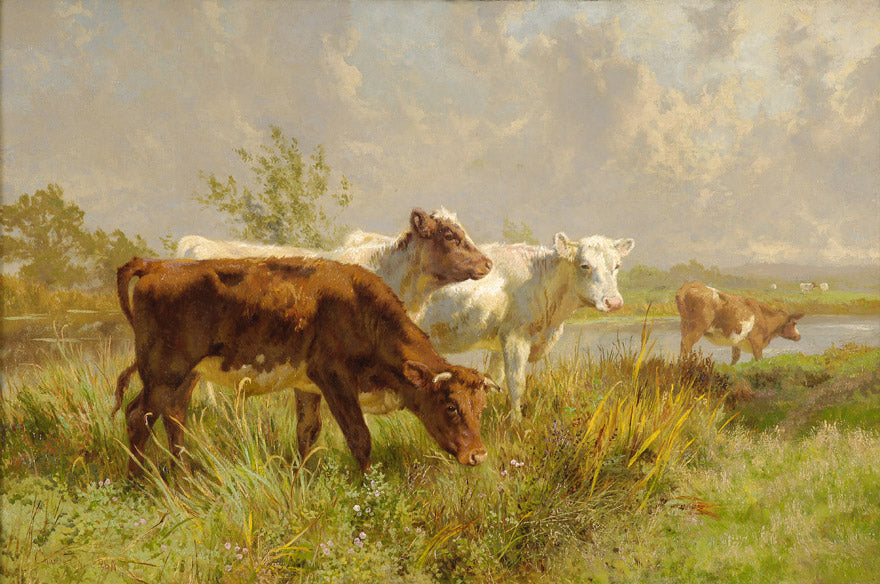 Spring meadow with calves, vintage artwork by Charles Collins, II, 12x8" (A4) Poster