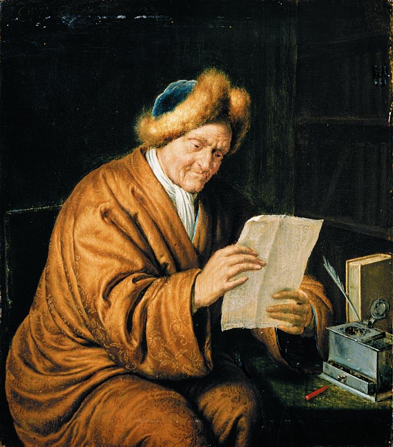 An Old Man Reading, vintage artwork by Willem van Mieris, 12x8" (A4) Poster