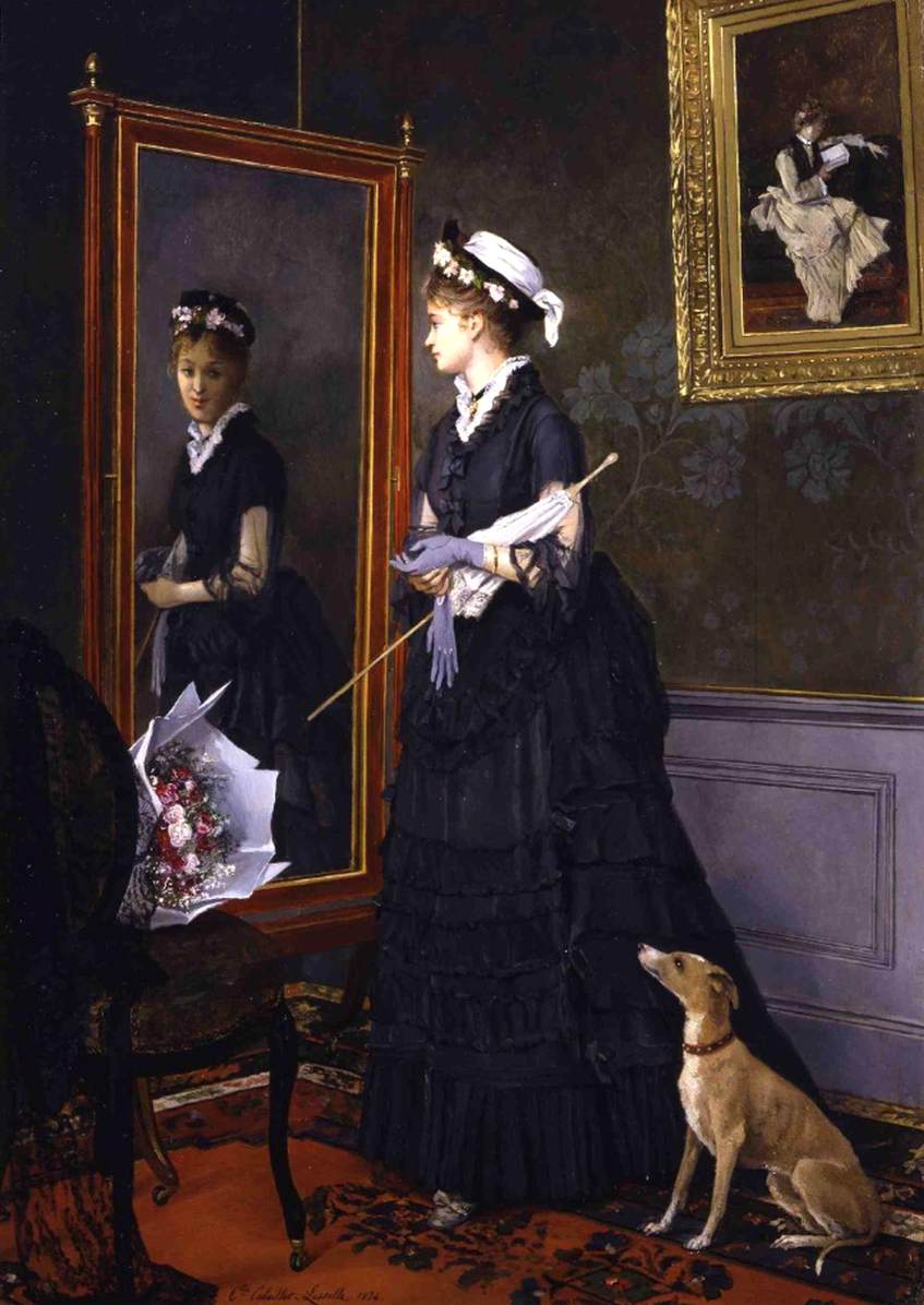 Elegant Woman at a Mirror, vintage artwork by Camille-Leopold Cabaillot Lassalle, 12x8" (A4) Poster