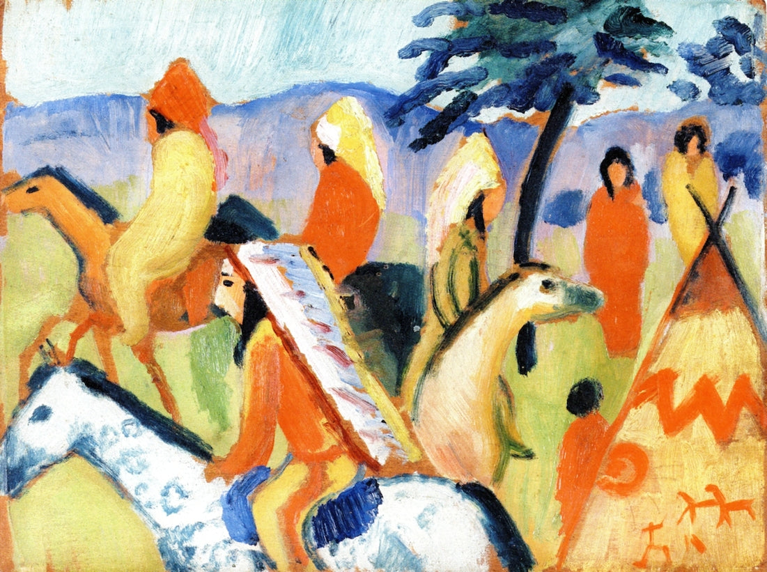 Indians on Horseback next to Tepee, vintage artwork by August Macke, 12x8" (A4) Poster