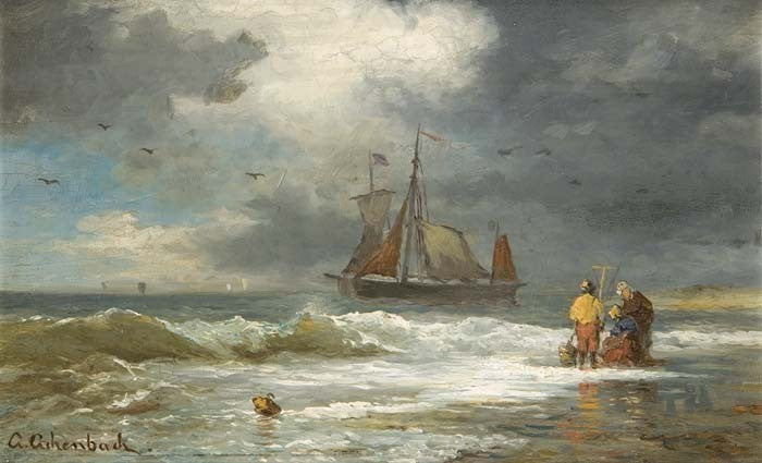 Fisher at the Lakeside, vintage artwork by Andreas Achenbach, A3 (16x12") Poster Print