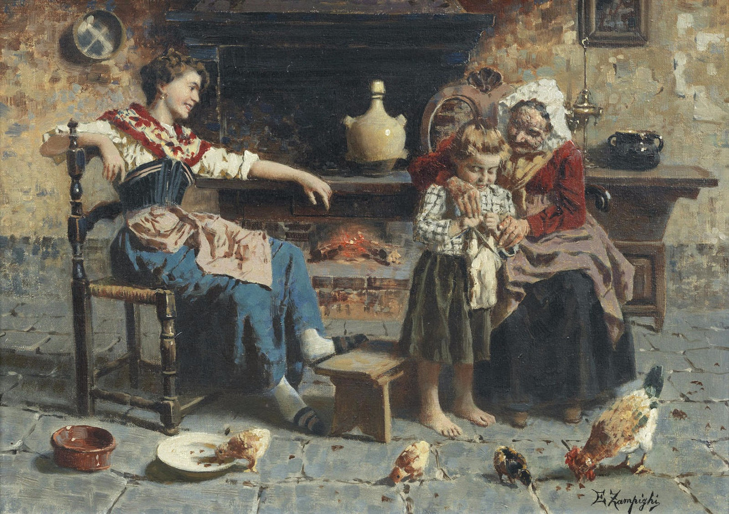 The Knitting Lesson by Eugenio Zampighi,A3(16x12")Poster