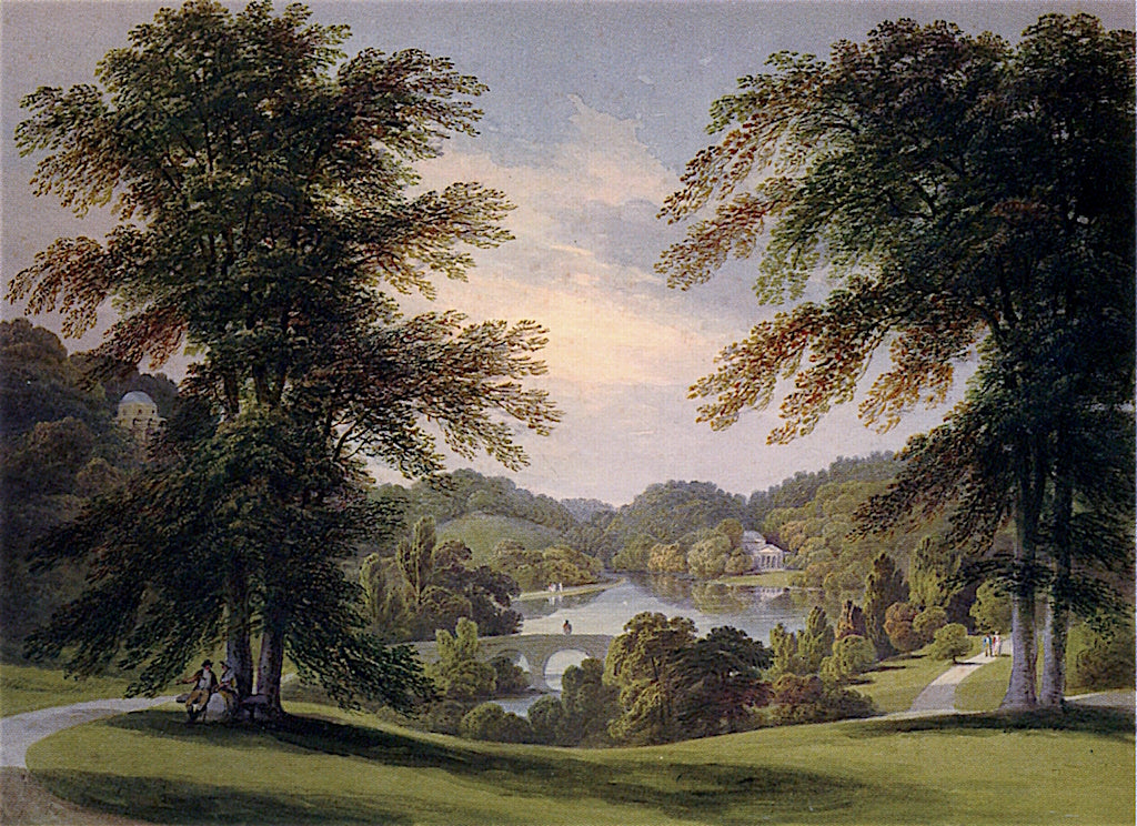 View of the Lake and Bridge at Stourhead, with the Temple of Apollo and the Pantheon, vintage artwork by Francis Nicholson, 12x8" (A4) Poster