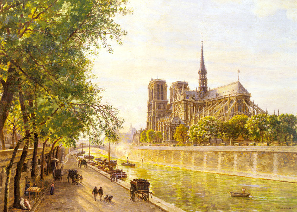L'lle de la Cite and the Cathedral of Notre Dame, Paris as seem from Quai Montebello, vintage artwork by Marie-Francois Firmin-Girard, 12x8" (A4) Poster