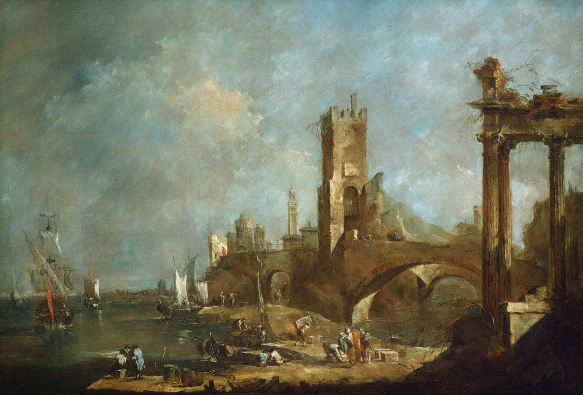 Capriccio of a Harbor, vintage artwork by Francesco Guardi, 12x8" (A4) Poster