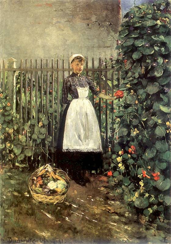 Girl with a Basket of Vegetables in the Garden, vintage artwork by Olga Boznańska, 12x8" (A4) Poster
