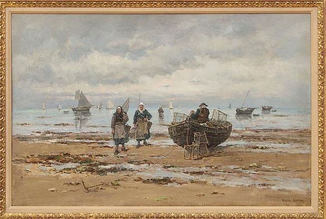 Fishermen on the Beach, vintage artwork by Emile Louis Vernier, 12x8" (A4) Poster