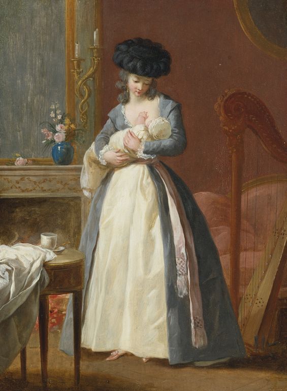 A Lady, said to be Madame Danloux, nursing her Child in a Drawing Room, vintage artwork by François-Guillaume Menageot, 12x8" (A4) Poster