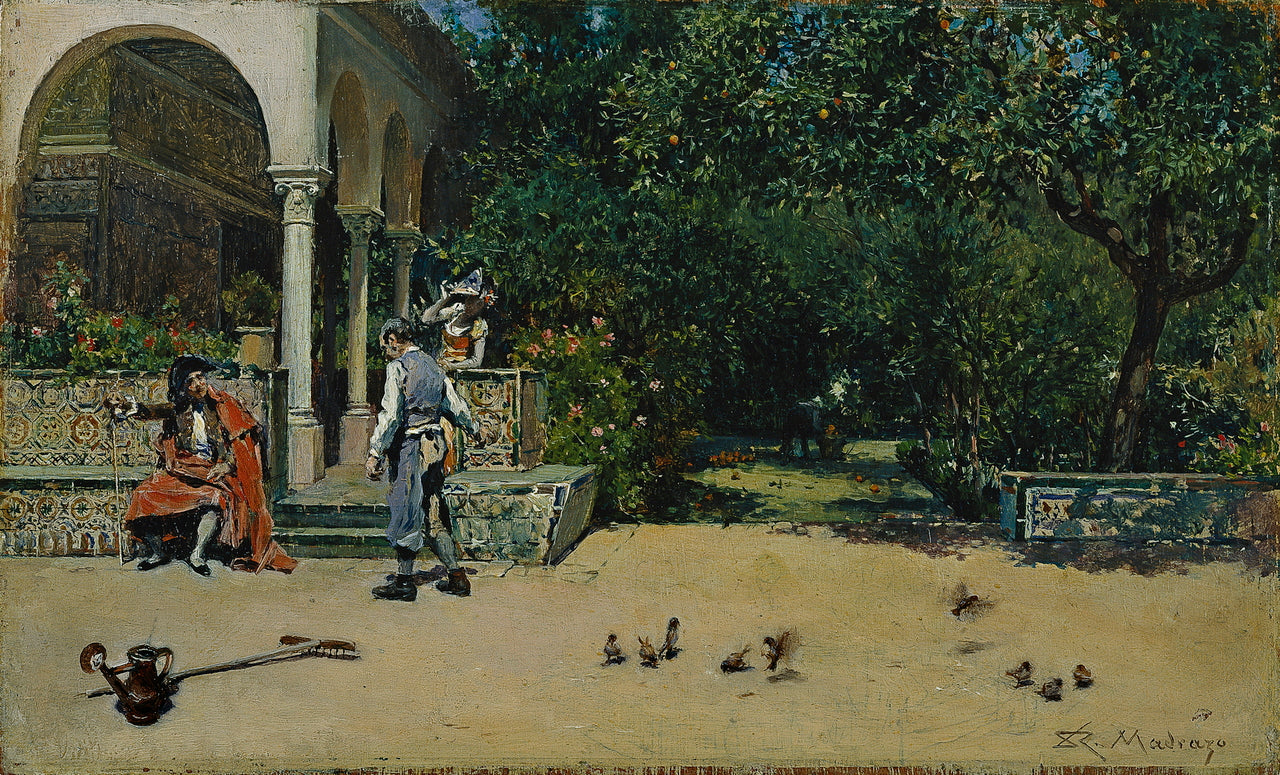 The Pavilion of Carlos V in the Gardens of the Alcazar of Seville, vintage artwork by Raimundo de Madrazo y Garreta, 12x8" (A4) Poster