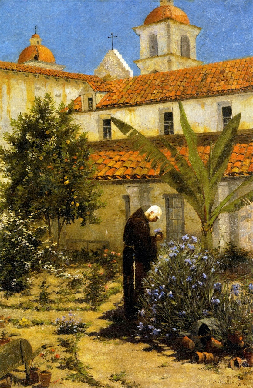 In the Garden, Santa Barbara Mission, vintage artwork by Amedee Joullin, 12x8" (A4) Poster