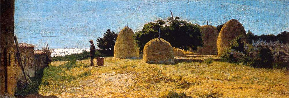Haystacks in Castiglioncello, vintage artwork by Odoardo Borrani, 12x8" (A4) Poster