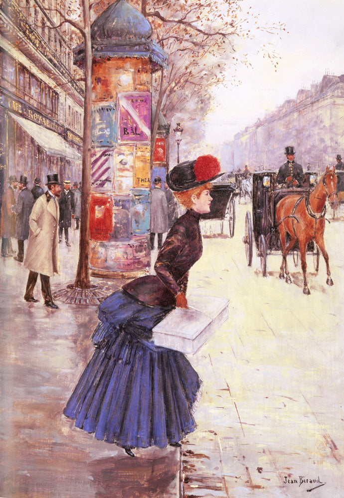 Jeune Femme Traversant le Boulevard, vintage artwork by Jean-Georges Beraud, 12x8" (A4) Poster