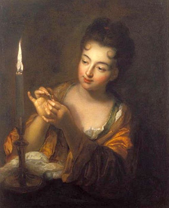 Woman Embroidering in the Candlelight, vintage artwork by Jean-Baptiste Santerre, 12x8" (A4) Poster