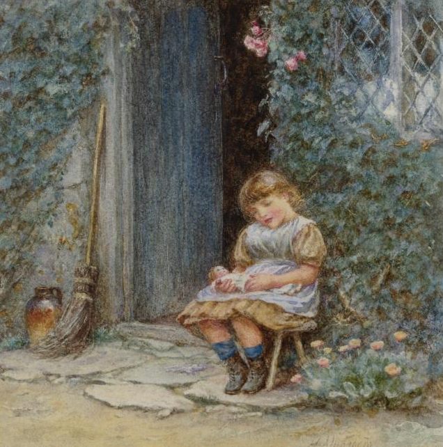 A Little Girl with Puppet, vintage artwork by Helen Allingham, 12x8" (A4) Poster
