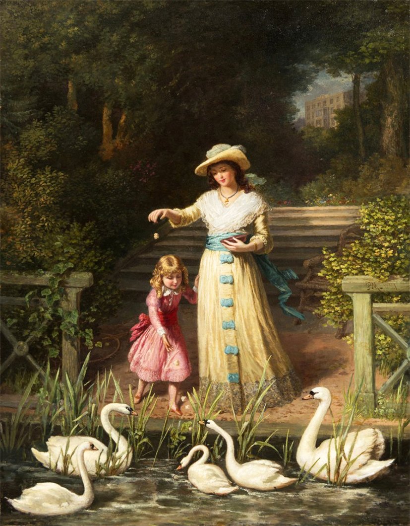 Feeding the Swans, vintage artwork by Phillip Richard Morris, 12x8" (A4) Poster