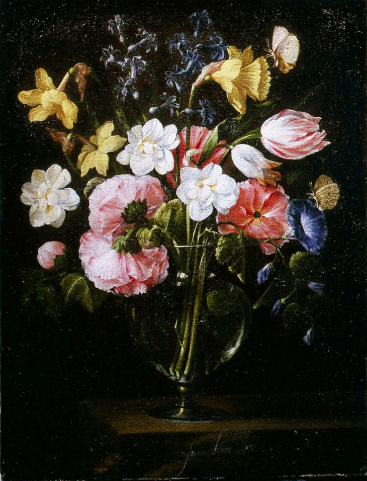 Roses, Clematis, a Tulip and other flowers in a Glass Vase on a wooden Ledge with a Butterfly, vintage artwork by Juan de Arellano, 12x8" (A4) Poster