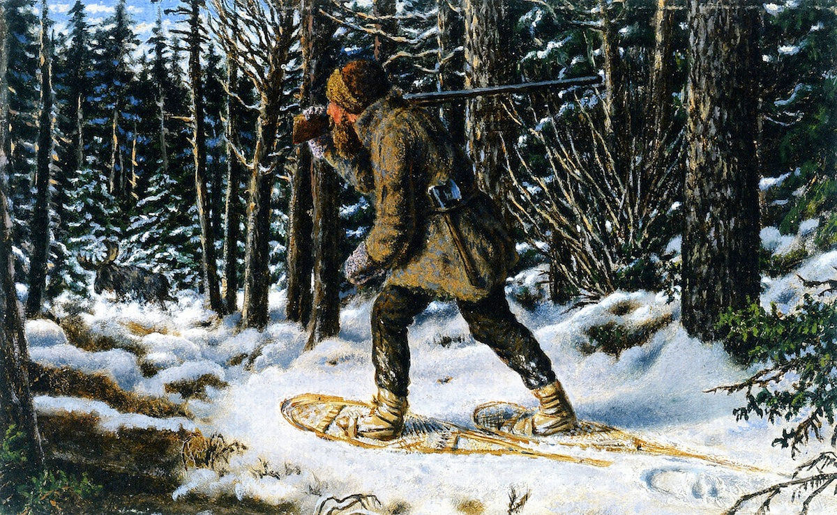 Moose Hunting, Winter, Manitoba, vintage artwork by William George Richardson Hind, 12x8" (A4) Poster