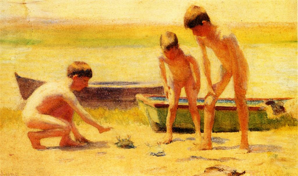 Boys Playing with Crabs, vintage artwork by Thomas P. Anshutz, 12x8" (A4) Poster