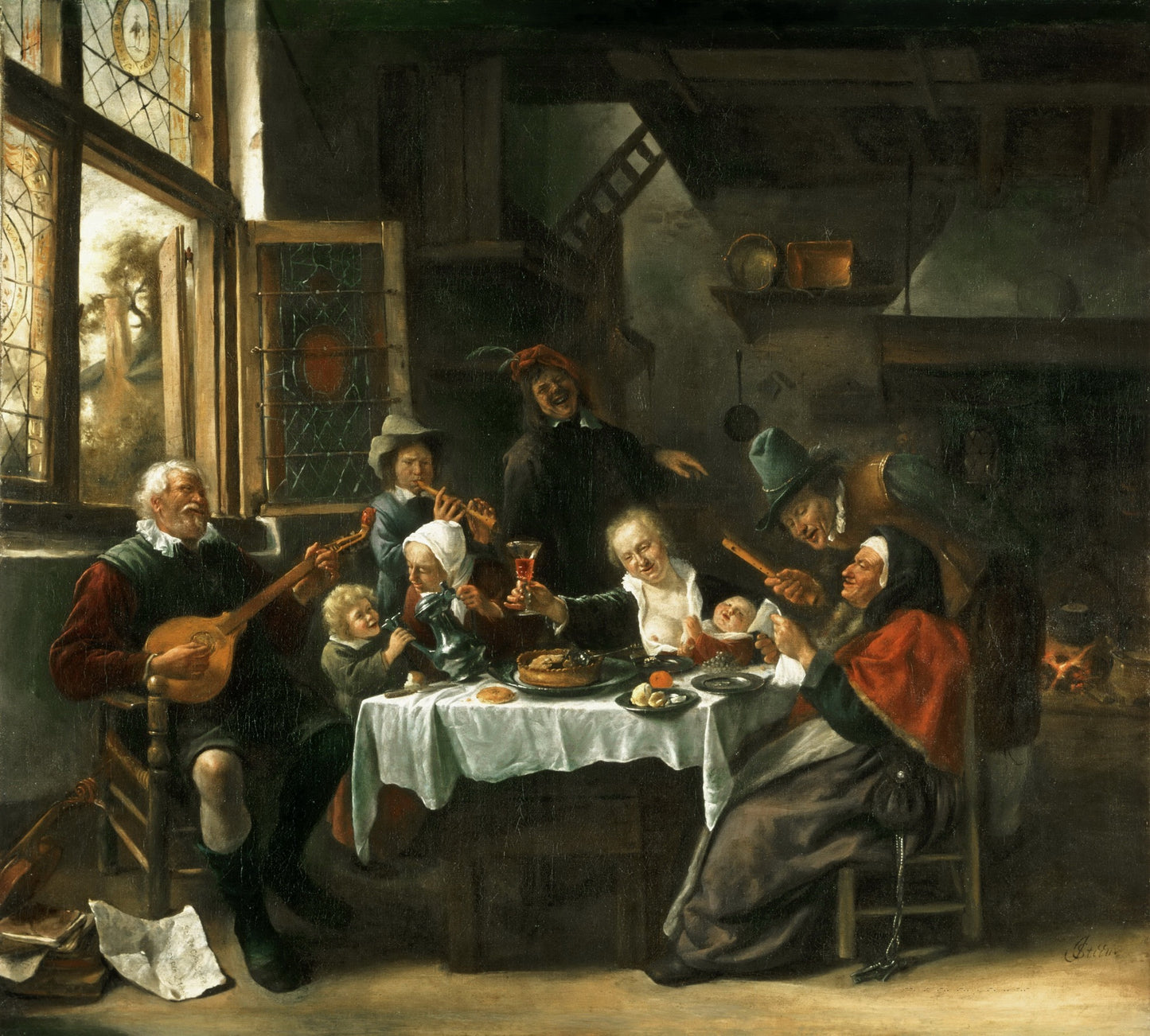 As the Old Ones Sing, So the Young Ones Pipe, vintage artwork by Jan Havicksz. Steen, 12x8" (A4) Poster