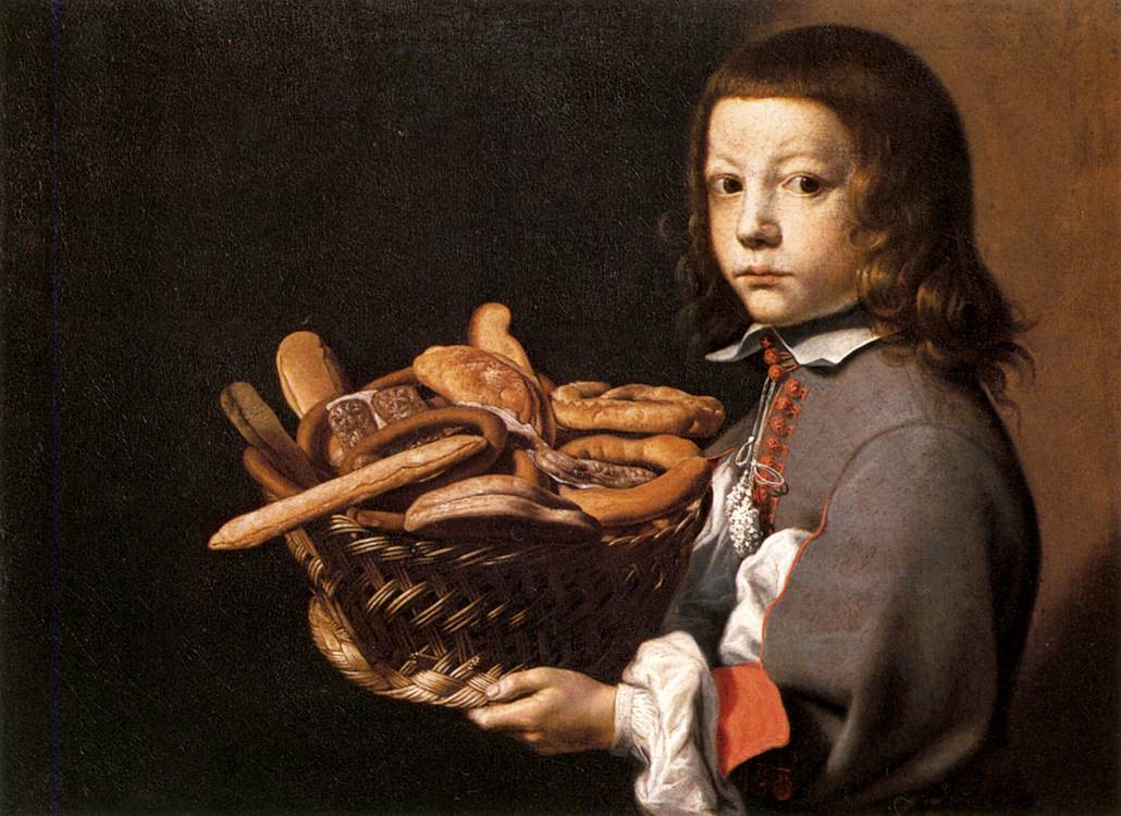 Boy with a Basket of Bread, vintage artwork by Evaristo Baschenis, 12x8" (A4) Poster