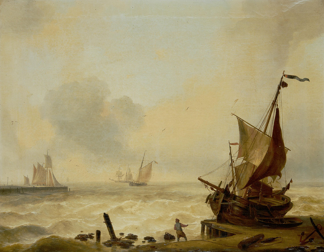 Small boats struggling in a heavy swell off the harbour mouth, vintage artwork by Charles Louis Verboeckhoven, A3 (16x12") Poster Print
