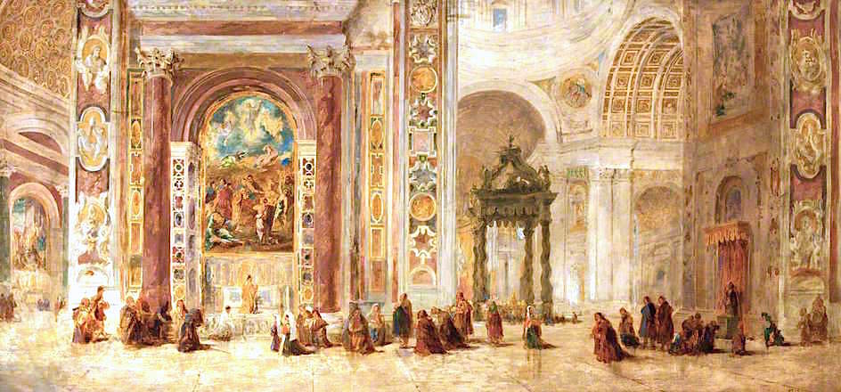 Interior of St Peter's Basilica, Rome, vintage artwork by John Scarlett Davis, A3 (16x12") Poster Print