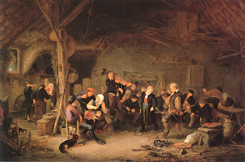 Dancing Farmers in an Inn, vintage artwork by Adriaen van Ostade, 12x8" (A4) Poster