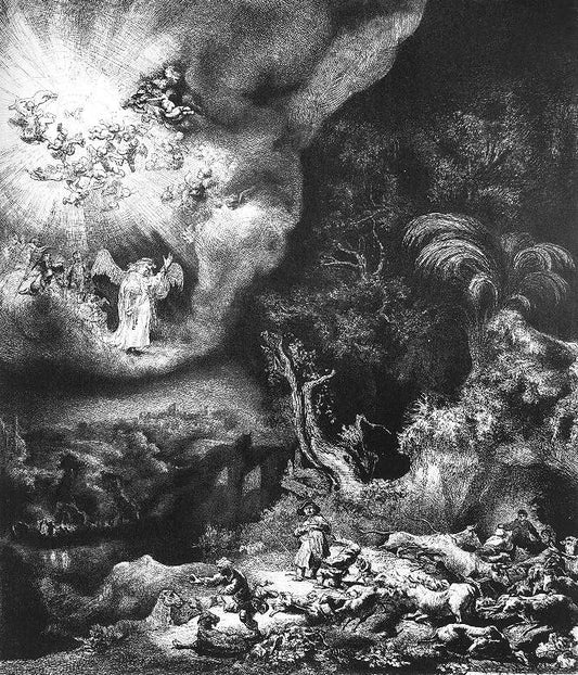 The Angel Appearing To The Shepherds, vintage artwork by Rembrandt van Rijn, 12x8" (A4) Poster