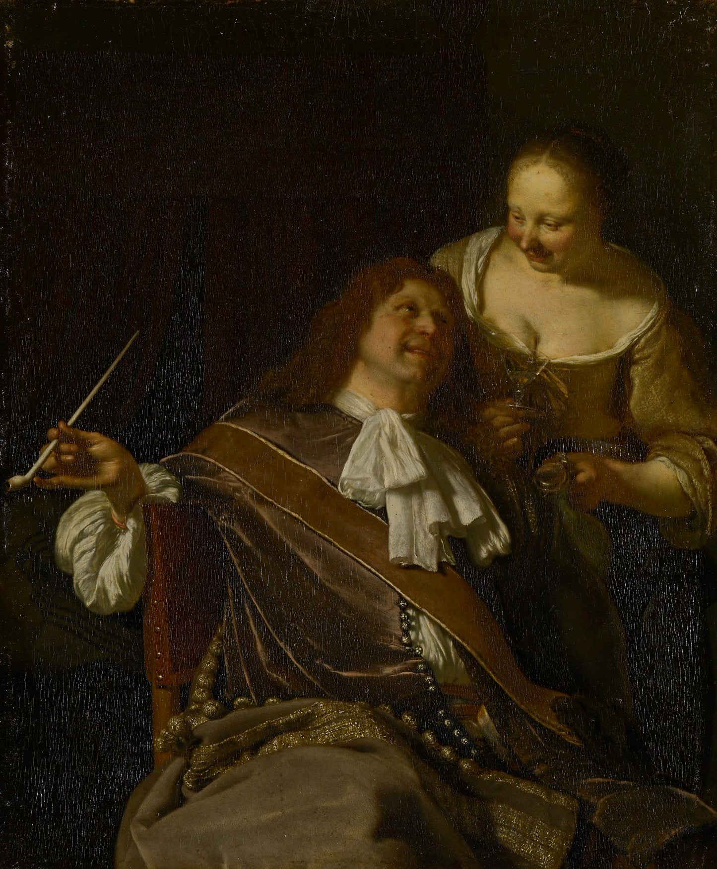 A Man Smoking and a Woman, vintage artwork by Frans van Mieris the Elder, 12x8" (A4) Poster